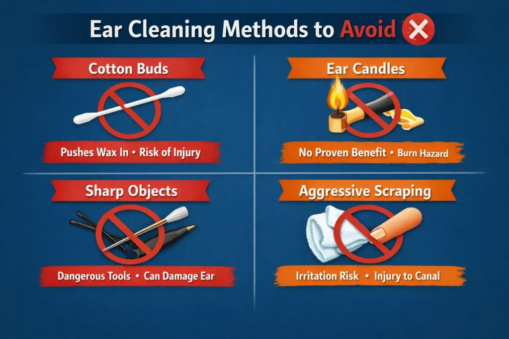 Infographic showing ear cleaning methods to avoid including cotton buds, ear candling, sharp objects, and aggressive ear scraping.