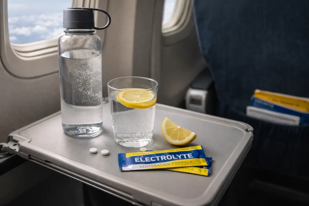 Water bottle, lemon water and electrolyte packets on airplane tray to stay hydrated during travel and prevent dehydration