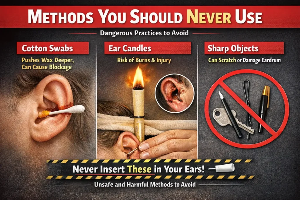 Warning infographic showing unsafe ear cleaning methods including cotton buds, ear candles, and sharp objects that can damage the ear canal.