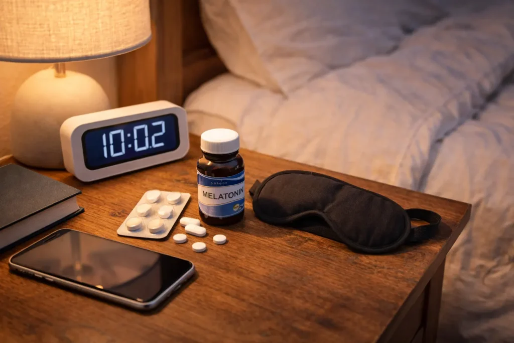 Sleep mask, melatonin supplement, and alarm clock on bedside table to help optimise sleep before travel and reduce jet lag
