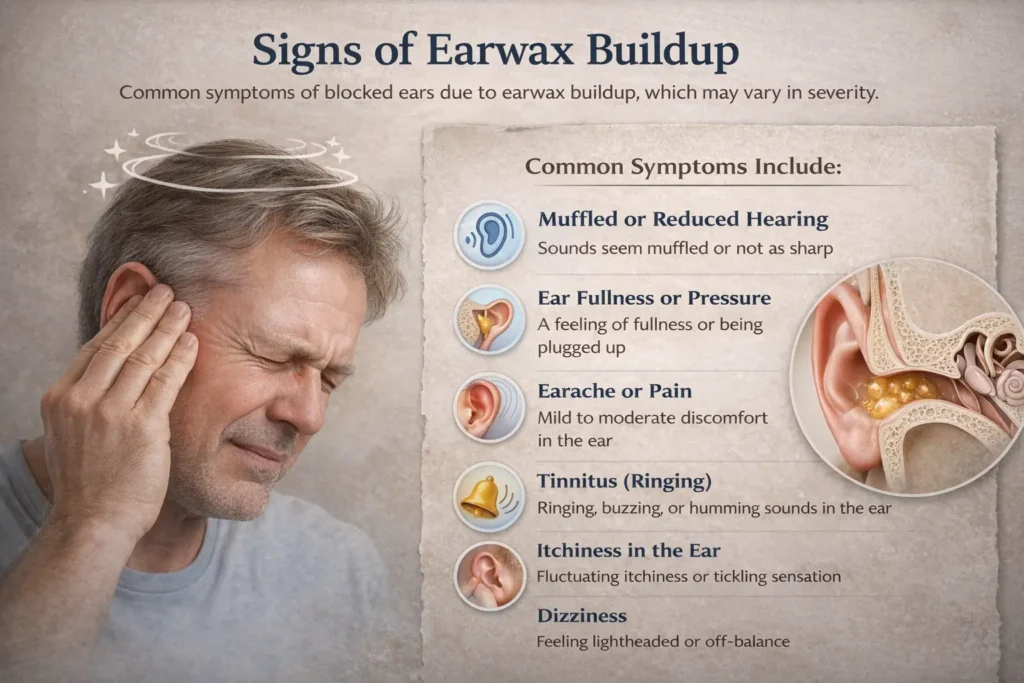 Infographic showing common signs of earwax buildup including muffled hearing, ear pressure, earache, tinnitus, itchiness, and dizziness.