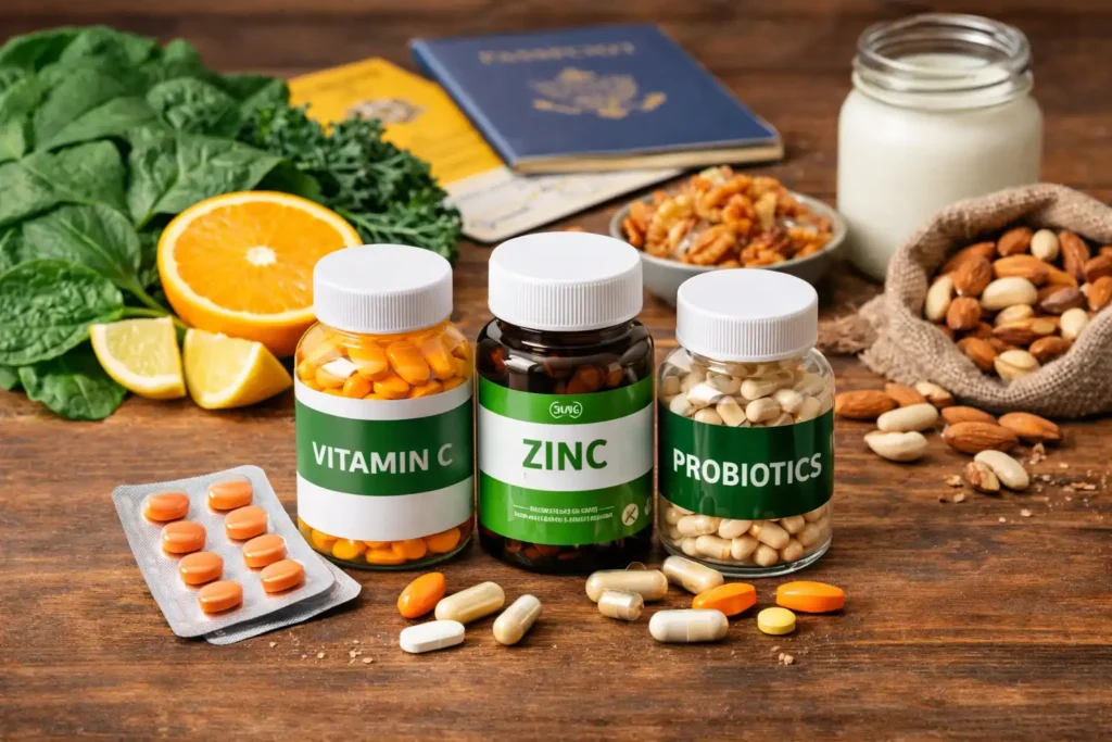 Vitamin C, zinc, probiotics and immune boosting foods for travel health preparation before a trip