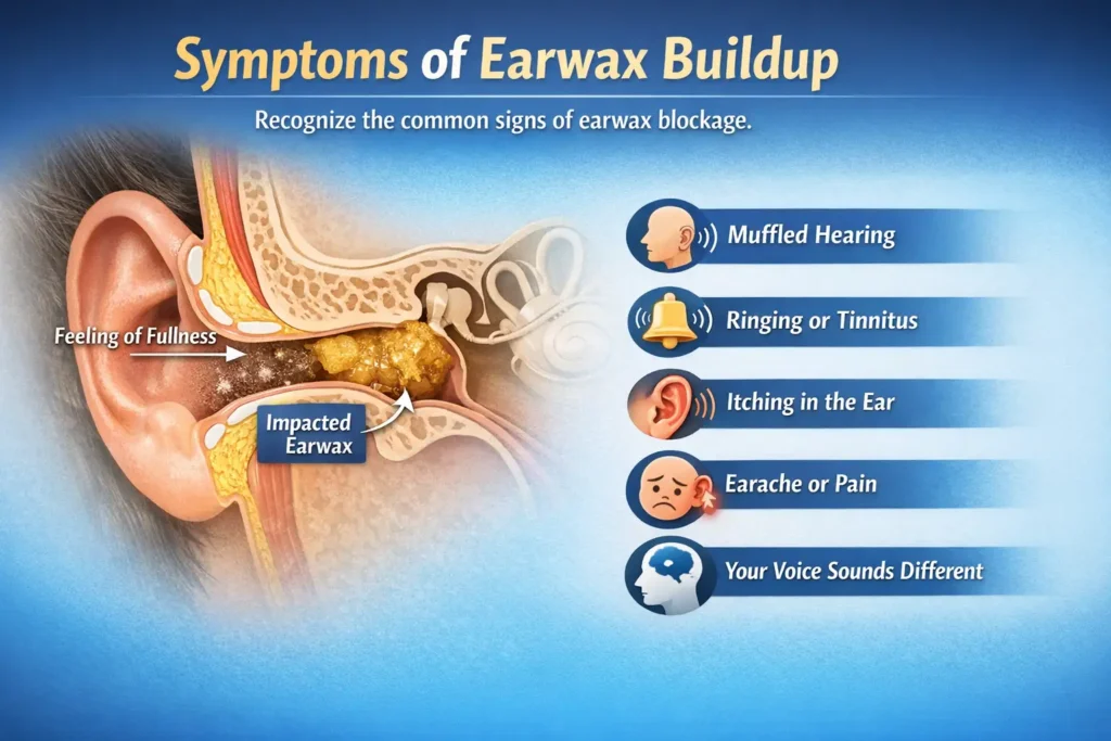 Infographic showing symptoms of earwax buildup including ear fullness, muffled hearing, tinnitus, itching, earache, and changes in voice sound.
