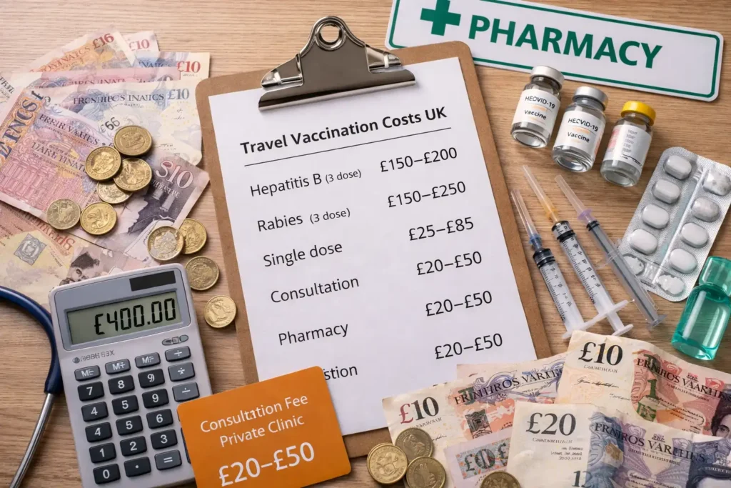 UK travel vaccination costs with British pounds calculator and vaccine supplies for price comparison