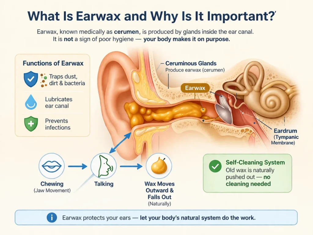 Medical infographic showing what earwax is, its protective functions, and how the ear’s natural self-cleaning system pushes wax outward.