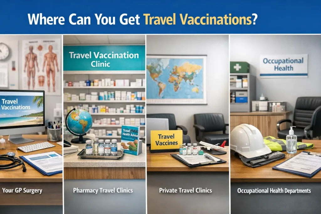 Infographic showing where to get travel vaccinations in the UK, including GP surgery, pharmacy travel clinics, private travel clinics, and occupational health departments.